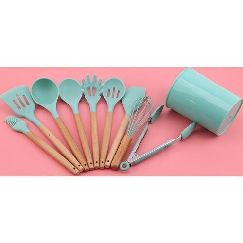 Silicone Cooking Utensils Set Silicone Kitchenware Set With Wooden Handle Non-stick With Storage Box Kitchen Cooking Tools Set