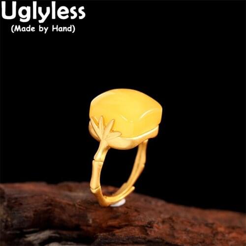 Uglyless Big Size Gemstones Jade Rings for Women Simple Fashion Square Dress Jewelry Gold Bamboo Leaves Rings 925 Silver Bijoux