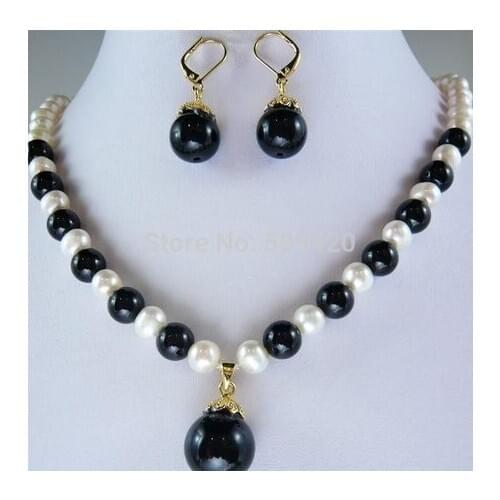 7-8MM White Freshwater Pearl &Black jade Necklace Earring Set 18"