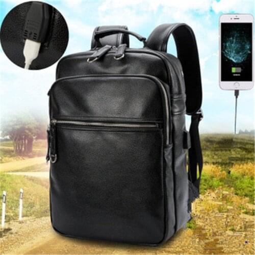 Fashion PU Leather Mens Backpack 15 Inch Laptop Backpacks Travel USB Casual Mens Bag Mochila Large-Capacity Student Schoolbag