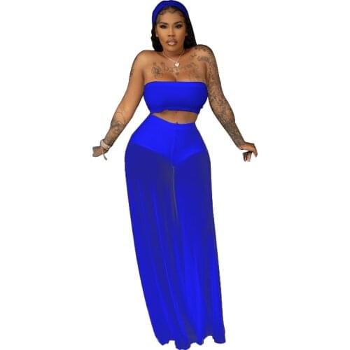 Fashion Trend Bohemian Hot European And American Sexy Womens Pure Color Transparent Mesh two-piece Set 018