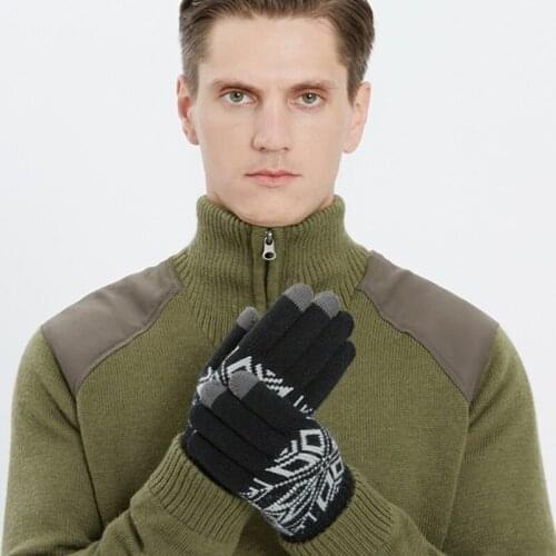 Men Winter Touch Screen Snowflake Knitted Warm Gloves Soft Plush Lining Elastic Cuff Anti-Slip Silicone Outdoor Cycling Stretch