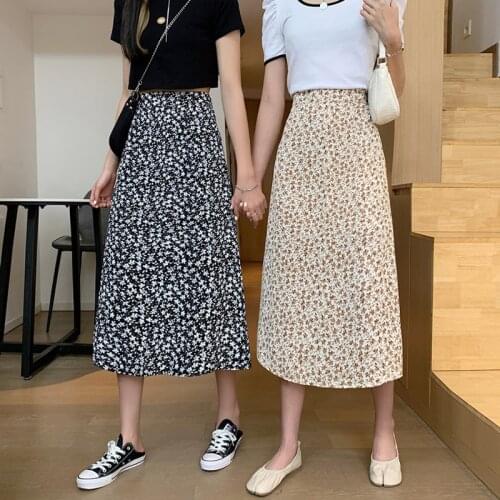 Summer new product mid-length high-waisted thin small floral chiffon all-match A-line skirt