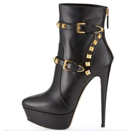 NEW Autumn Women Shoes Pointed Toe Booties High Heels Womens Shoes Ankle Boots Platform Gokd Rivets Womens Boots Black Leather