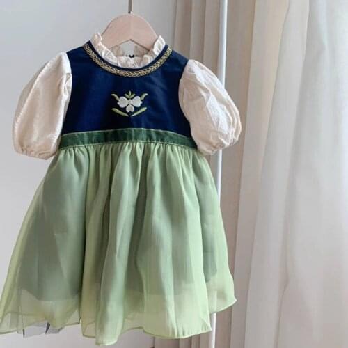 New 2021 Summer Baby Girls Princess Dress Patchwork Embroidery Floral Ball Gown Puff Sleeve Toddlers Kids Party Birthday Dresses