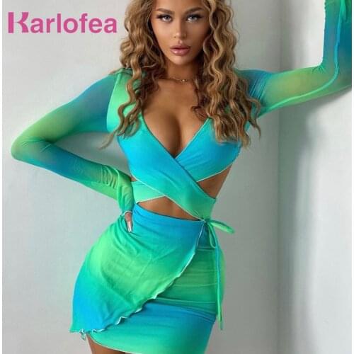 Karlofea Girls Summer Fashion Vacation Outfits Dress Fashion Gradient Mesh Cross Cut Out Ruffles Dress Sexy Going Out Streetwear