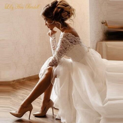 Simple Lace Tulle Long Sleeve Wedding Dress Bateau Neck V Back Cheap High Quality Bridal Gowns