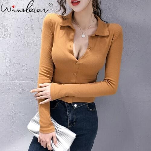 Sexy Low Cut T-shirt Women Slim Stretchy Turn-down Collor Plunging Buttons Solid Long Sleeve Short Tshirt Crop Tops Tees T07606B