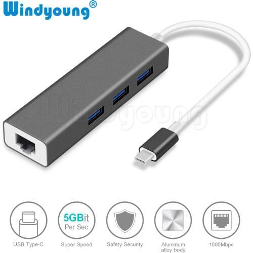 USB C Ethernet RJ45 Lan Adapter Type C to 3 Ports USB 3.0 Hub 10/100/1000Mbps Gigabit Ethernet Network Adapter for Macbook
