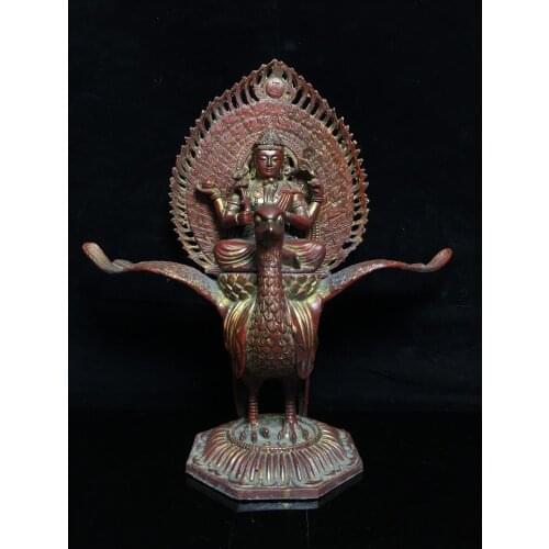 11" Tibet Buddhism Temple Old Bronze Cinnabars Peacocks Ming Wang Buddha Statue Buddha Mahama Yuri Rayan Statue Enshrine