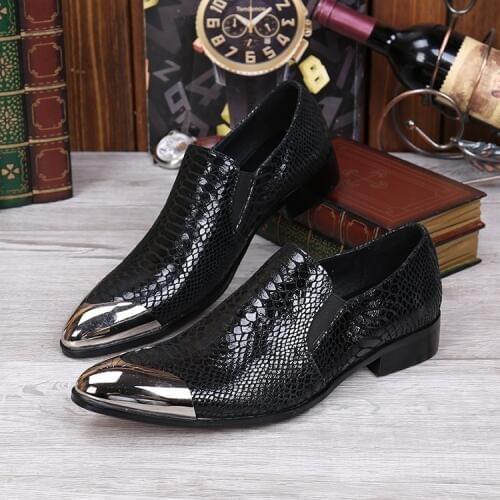 Zapatos Hombre Black Genuine Leather Metal Pointed Toe Snake Skin Prints Shoes Office Wedding Formal Dress Oxford Shoes For Men
