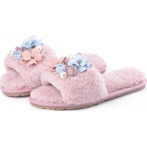 Women Flower Short Plush Winter Slippers Ladies Soft Flats Female Elegant Indoor Comfortable Flock Floral Faux Fur Shoes New