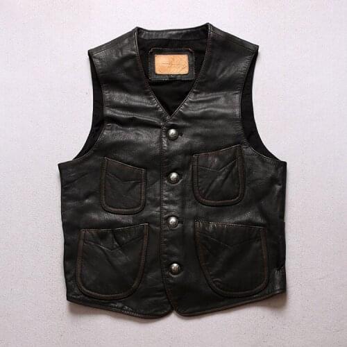 Biker Style Men Cowhide Genuine Leather Vest Motorcycle Real Leather Vintage Casual Sleeveless Jackets Waistcoat Black Slim Fit