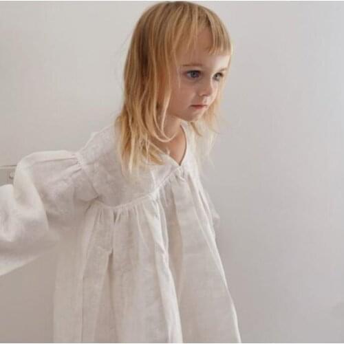 2021 spring and autumn girls' cotton linen V-neck casual British Princess lovely casual Long Sleeve Dress