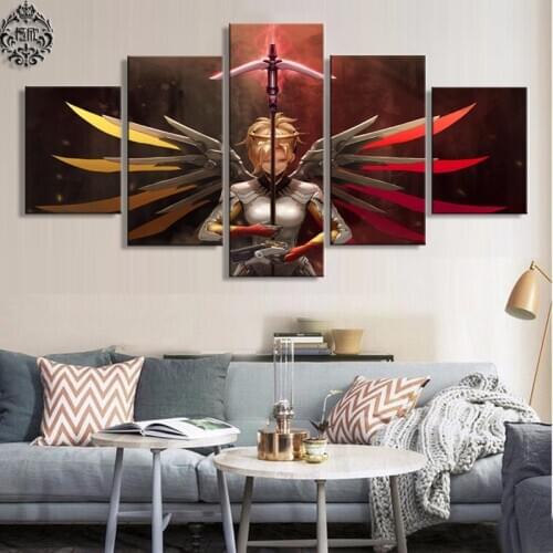 5 Panel Overwatch Mercy Decoration Game Poster Modern Canvas Printed Pictures Wall Art Painting On Canvas Artwork Home Decor