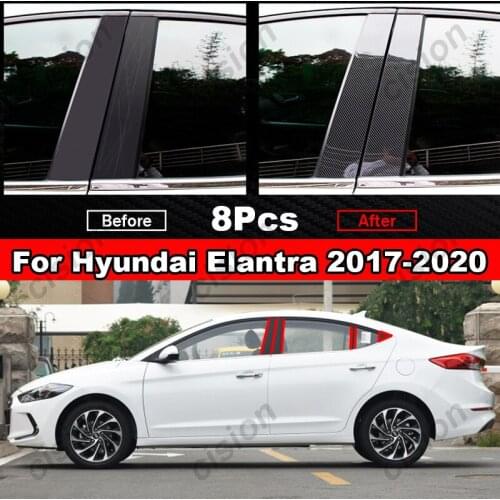 8x Carbon Fiber/Black Car Door Window Center BC Column Pillar Post Trim Cover Sticker For Hyundai Elantra 2017-2020 PC Material