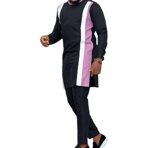 African Fashion Black Mens Sets Patchwork Shirt+Solid Pant Groom Suits Male Wedding Outfits Customized