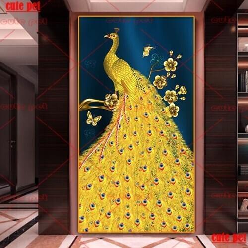 Large Full cute pet DIY Diamond Painting Golden Peacock 5D Embroidery CrossStitch Crystal Mosaic Painting Decor Gift home decor