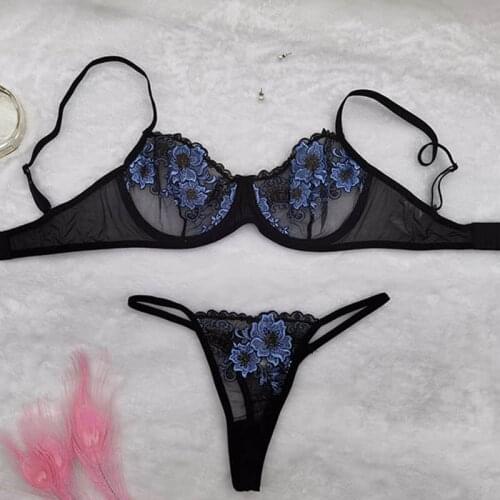 BIIGGXX French mesh embroidery black sexy lingerie set without steel ring sexy three-point transparent bra thong set for women