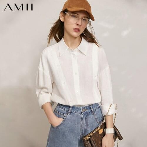 Amii Minimalism Spring Summer New Womens Tops Offical Lady 100%Linen Irregular Hem Female Blouse Causal Women Shirt 12170022