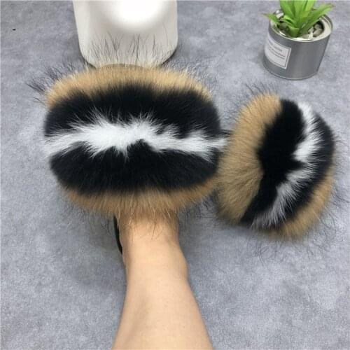 New arrival lady natural fox fur flat-bottomed comfortable soft wearing sandals and slippers in spring and summer