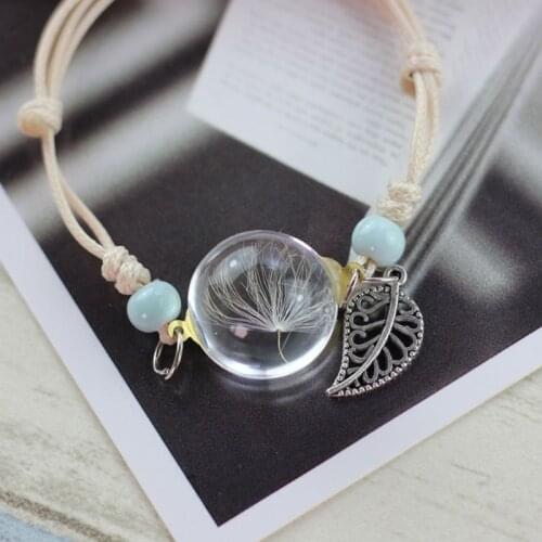 Mori Girl Crystal Glass Ball Woven Bracelet Dried Flowers Adjustable Bracelet Dandelions Ball Metal Leaves Handmade Jewelry Gift