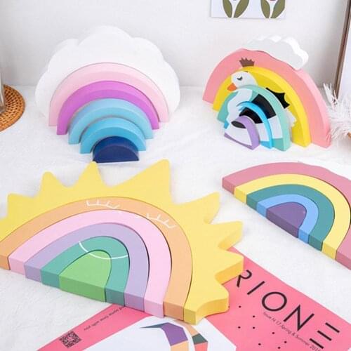 Baby Montessori Rainbow Stacker Wooden Toys Triangle Tent Mushroom House Building Blocks Educational Toys For Children Kids