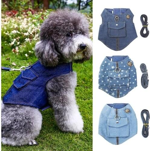 Small Dog Cat Denim Vest Jacket Harness Puppy Harness Leash Set Easy on And Off