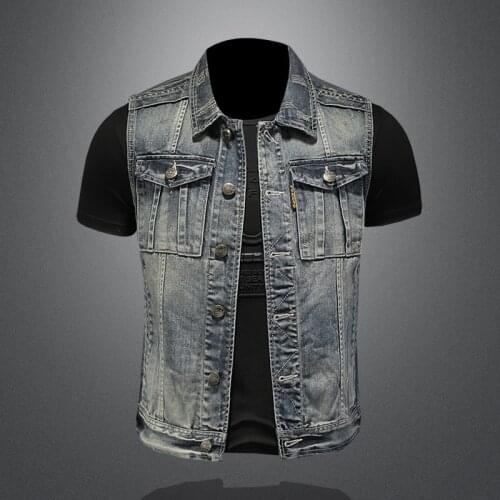 European retro denim vest men plus size 4XL simple sleeveless slim fit denim Jacket Cotton Soft Button Coats Ripped Waistcoat
