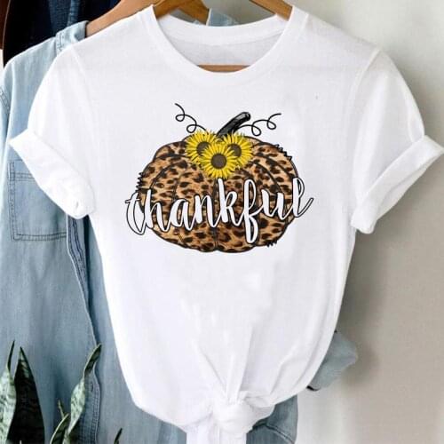 Women Flower Leopard Pumpkin Lady Print T Female Tee T-Shirt New Lovely Fall Halloween Thanksgiving Graphic Clothes Tshirt Top