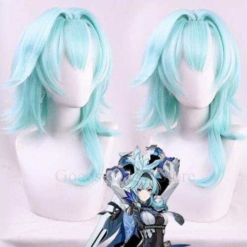 Genshin Impact Eula Wig Cosplay Light Blue Highlight White Short Mullet Heat Resistant Hair Women Halloween Role Play