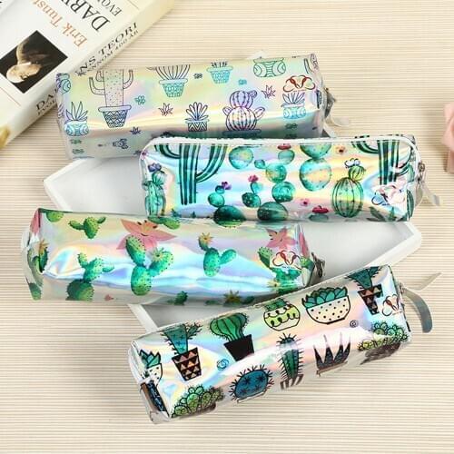 Cactus Pencil Case Holographic Laser Pen Bag For Girl Boys Student Large Capacity PU Waterproof Pen Box School Supply Stationery