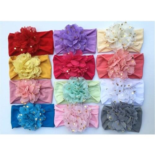 1 PCS Lovely Handmade Chiffon Flower Hairband with Golden Dots Infant Fashion Soft Elastic Nylon Headband Clothing Decoration