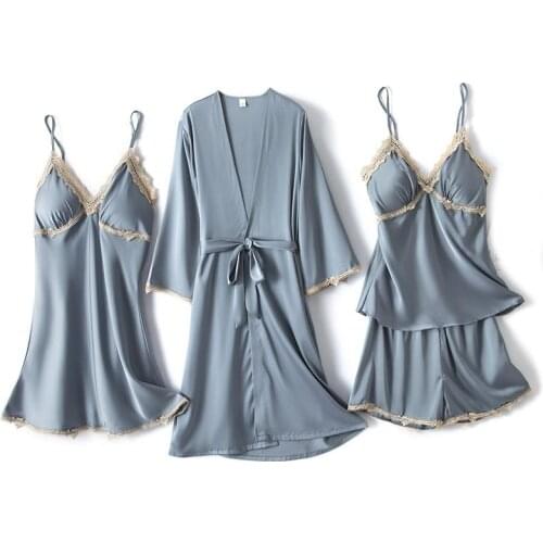 4PCS Lace Robe Gown Sets Womens Satin Nighty Bathrobe Nightgown Sleep Suit Bride Summer Sleepwear Wedding Kimono Nightdress