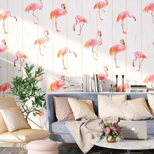Beibehang Modern minimalist flamingo wallpaper Nordic style wallpaper clothing store living room TV background wall wood grain
