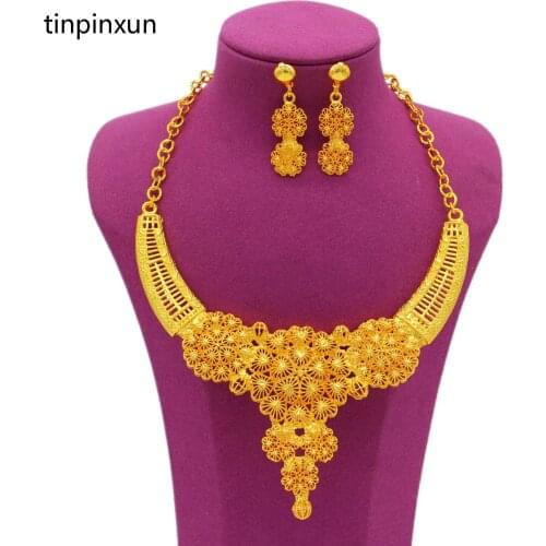 PINXUN 24K Gold Color Dubai/Ethiopia/Africa Necklace/Earrings For Women Bridal Wedding Luxury Jewelry Sets Anniversary Gifts