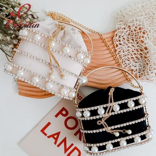 Luxury Diamond Pearl Wedding Evening Clutch Bag for Women Hollow Out Metal Shiny Rhinestone Party Purses and Handbags Chain Bag