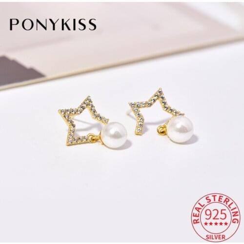 PONYKISS Trendy 100% S925 Sterling Silver Star Pearl Zircon Stud Earrings For Women Party Fine Jewlry Elegant Accessory Gift