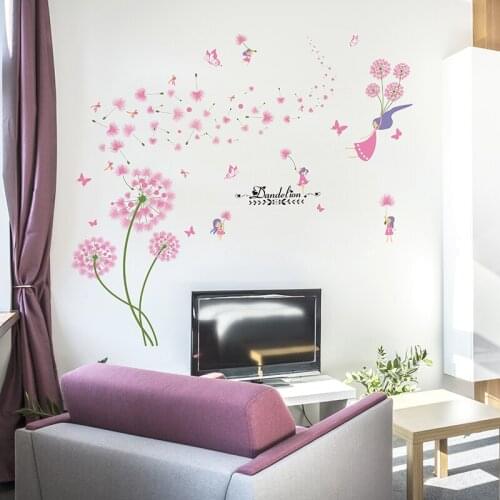 [SHIJUEHEZI] Pink Dandelion Wall Sticker DIY Flowers Plants Mural Decals for Kids Bedroom Living Room Kitchen Wedding Decoration