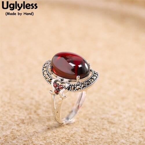 Uglyless Pretty Garnet Red Rings for Women Exotic Europe Popular Big Size Gemstones Rings Thai Silver 925 Silver Vintage Jewelry