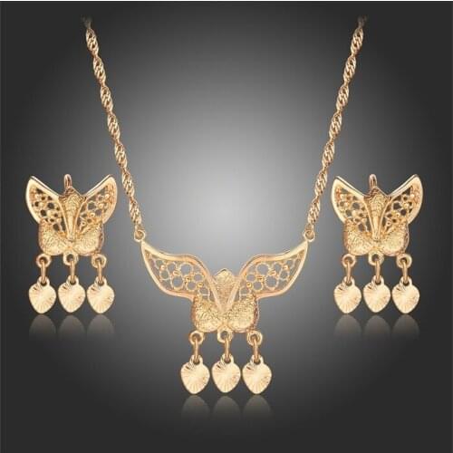 Yellow Gold Color Filigree Butterfly Heart Charms Drop Necklaces & Pendants Earrings for Women Jewelry Sets Wave Chain Bijoux
