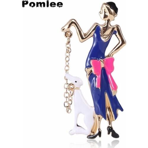 Pomlee Walk A Dog Blue Color Sexy Lady Brooch Enamel Pins Tied Big Bow Party Girl Fashion Jewelry Cute Brooches For Women New