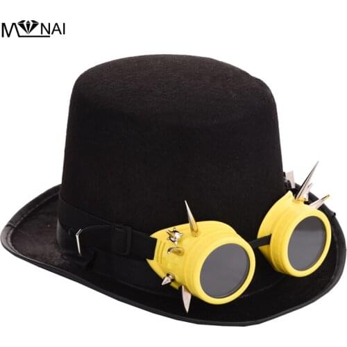 Retro Women Men Fedora Hat Steampunk Yellow Goggles Rivets Hat With Steam Punk Gothic Hats For Party