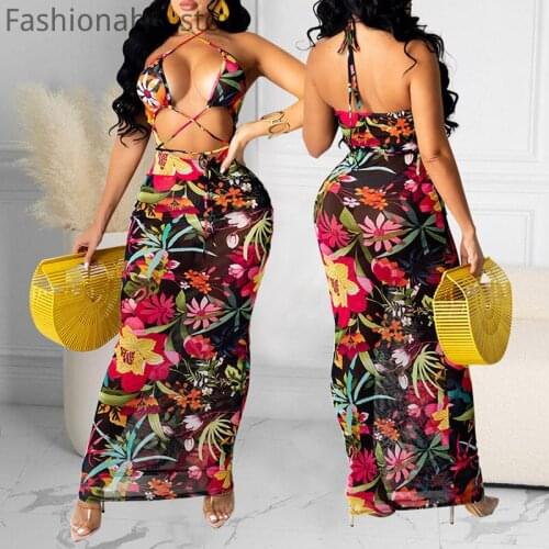 Women Sexy Halter Hollow Criss Cross Lace-Up Mesh Sheer Sleeveless Skinny Maxi Dress