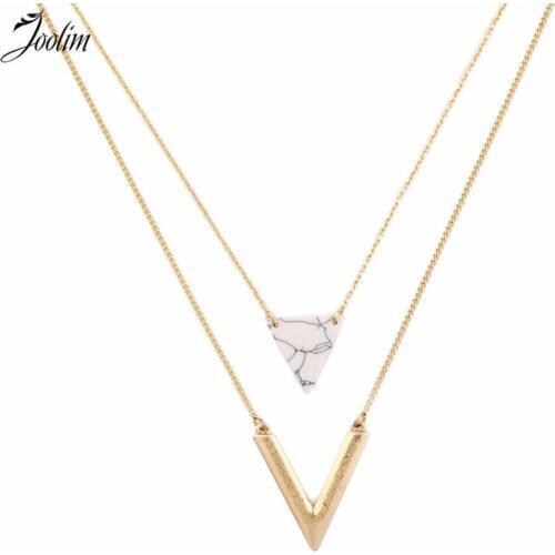 JOOLIM Jewelry Wholesale/ Simple Geometric White Marble V Charm Necklace & Pendant Removable Layered Necklace