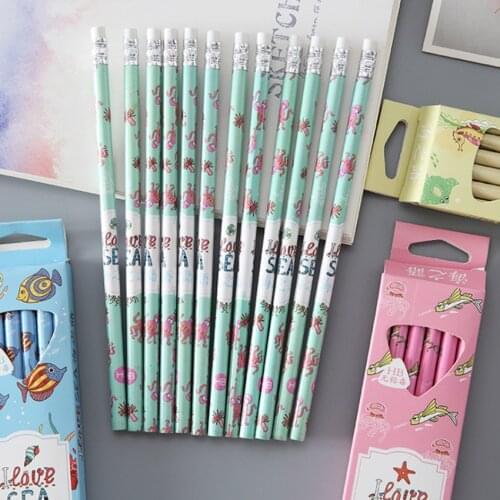 12pcs/pack Cute Love Sea HB Pencil Rubber Head Wood Pencil Writing Drawing Pencil for School Office Papelaria Criativa