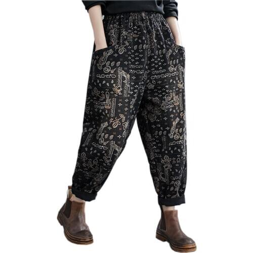 2021 New Oversize Womens Printed Jeans Autumn Winter Loose Elastic Waist Denim Harem Pants Plus Size 5XL Casual Trousers KW1049