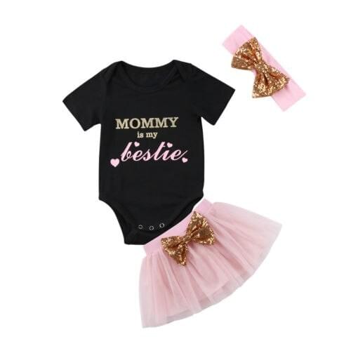 3Pcs Set Newborn Baby Girls mommy besties Printed Romper+Tutu Skirt Princess Party Pageant Outfits Clothes Set