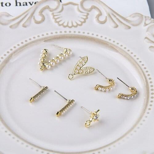 6pcs Korea Design Rhinestone Stud Earrings For Women Ladies pearl love V-shaped C-shaped earrings needles DIY jewelry material