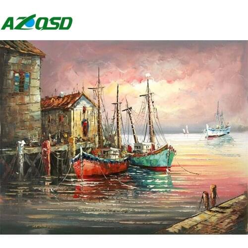 AZQSD Unframe Oil Painting By Numbers Boat Handpainted Gift DIY Coloring By Numbers Landscape Drawing On Canvas Home Decoration